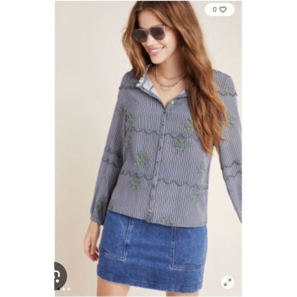 Anthropologie DOLAN Blue Button Up Long Sleeve Top Size Large - Picture 2 of 11